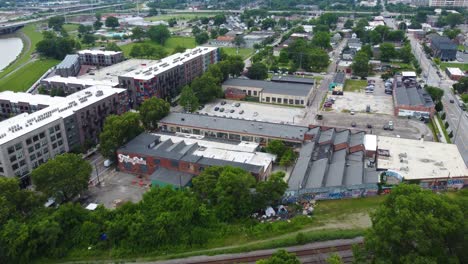 Franklinton-Arts-District-in-Columbus,-Ohio,-aerial-drone,-showing-arts-buildings-and-new-condos