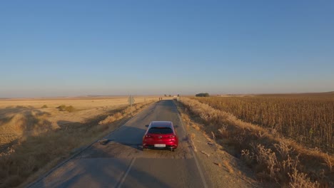 Bäume-Säumen-Kleine-Landstraße,-Während-Die-Antenne-Dem-Roten-Mazda-Auto-Folgt