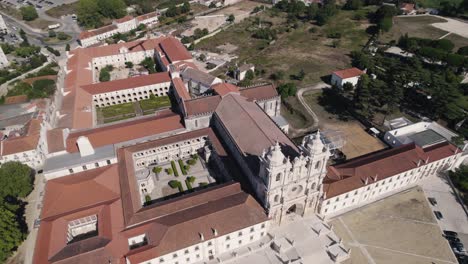 Spectacular-aerial-above-view-of-Monastery-of-Santa-Maria-of-Alcobaça,-Portugal