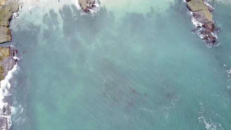 Aerial-Pan-Down,-Coastal-Beach-Clear-Water-Waves-Washing-On-Shore