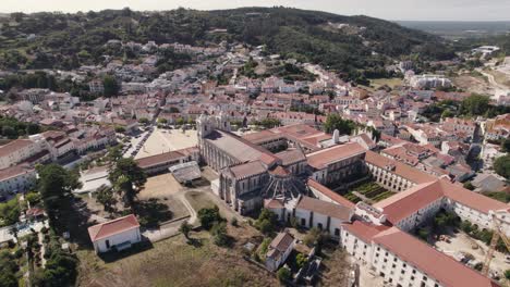 Birds-eye-view-of-Gothic-style-architecture,-Monastery-of-Alcobaça,-landmark-of-Portugal