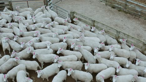 Oben-Weiße-Schafe-In-Kleinem-Eingezäuntem-Gehege-Mit-Erdboden,-Viehwirtschaft