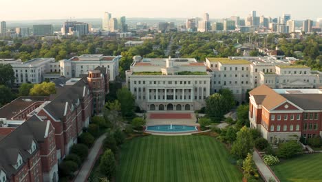 Aerial-pullback-reveals-Belmont-University-and-Nashville-city-skyline-in-Tennessee
