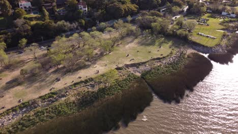 Luftaufnahme-Von-Menschen,-Die-Sich-Bei-Sonnenuntergang-Auf-Der-Wiese-Des-Flussufers-Entspannen---River-Plate,-Buenos-Aires