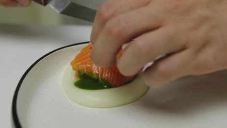 Chef-serving-carefully-piece-of-raw-salmon-fillet-on-top-of-spinach-sauce,close-up