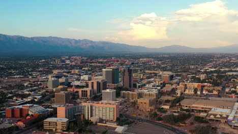 Tucson-Arizona-skyline-with-Catalina-mountains-in-distance,-aerial-view
