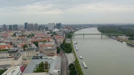 Drone-Flying-Away-from-Downtown-Bratislava,-Slovakia