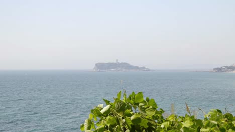 View-of-Enoshima,-Japan,-with-green-leaves-in-the-foreground-swaying-in-the-breeze-on-a-sunny-but-hazy-day