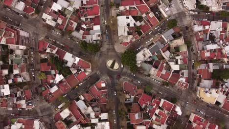 Aerial-orbit-shot-of-roundabout-with-driving-cars-in-residential-area-of-Buenos-Aires