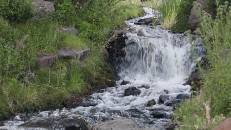 Clear-fresh-water-on-small-waterfall-on-stream-in-mountain-valley-meadow