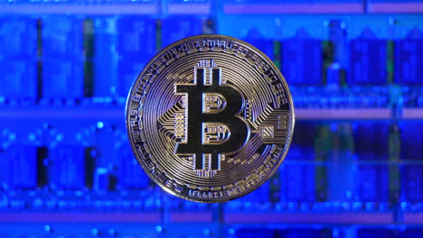 Eine-Bitcoin-Btc-Kryptowährungsmünze,-Die-über-Einer-Bergbauanlage-Aus-Computerchips-Und-Elektrischer-Energie-Schwebt