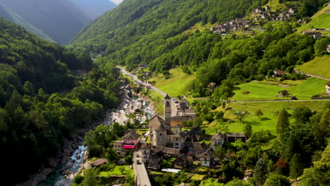 Drone-shot-of-Lavertezzo-Switzerland-revealing-the-Madonna-degli-Angeli