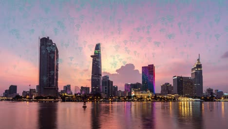 Time-lapse-smart-city-skyline-wireless-Wi-Fi-5G-big-data-fast-internet-technology,-digital-connection-in-a-big-metropolis-at-sunset