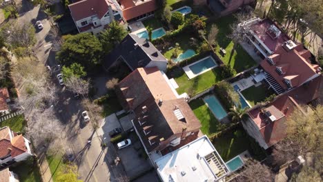 Aerial-flyover-luxury-neighborhood-with-swimming-pool-in-garden-and-villas-in-Vicente-Lopez-Suburb-of-Buenos-Aires