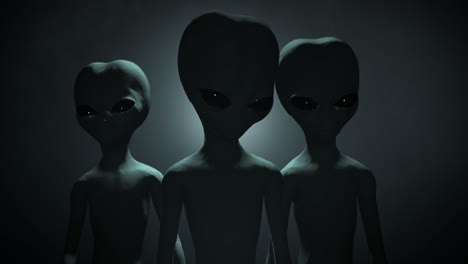 3D-CGI-VFX-close-up-of-three-classic-Roswell-style-grey-aliens-on-a-dark-backlit-background,-standing-and-looking-menacingly-into-the-camera,-with-a-smokey,-atmospheric-environment