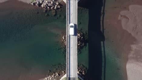 White-car-passing-over-bridge-with-clear-blue-water-in-Iceland,-sunny-day