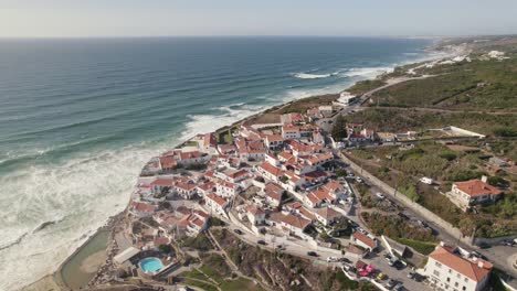 Colares-civil-parish-drone-shot-of-Azenhas-do-Mar-seaside-town-in-Sintra,-Portugal