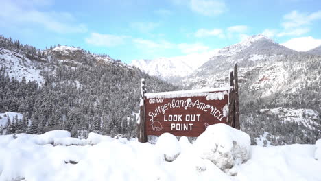 Ouray,-Switzerland-of-America,-Look-Out-Point-Sign,-White-Snowy-Winter-Landscape-of-Colorado,-Full-Frame