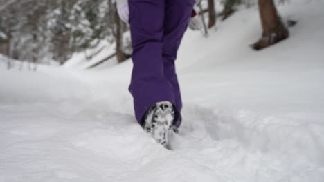 Beine-Einer-Frau-In-Winterstiefeln-Und-Warmer-Kleidung,-Die-Im-Wald-Auf-Schnee-Spazieren-Gehen,-Vollbild-Schließen