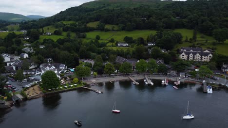 Aerial-view-of-Maring-at-Waterhead-near-Ambleside-on-Lake-Windermere,-Lake-District