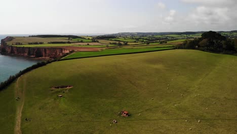 Aerial-Over-Rolling-Green-Idyllic-Countryside-Landscape-Beside-English-Channel-In-Devon