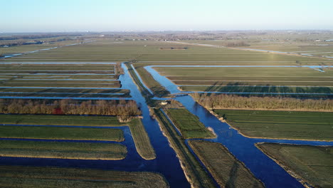 Bandada-De-Pájaros-Volando-Sobre-El-Paisaje-De-Zanjas-Cerca-De-Krrimpenerwaard,-Stolwijk-En-Invierno-En-Países-Bajos