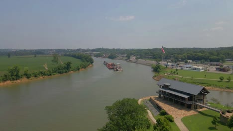 Aerial-footage-of-a-barge-on-the-Cumberland-River-in-Clarksville-Tennessee