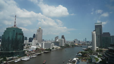 Chao-Phraya-River-and-Cityscape-of-Bangkok-City,-Static-Time-Lapse