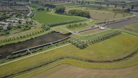 Aerial-drone-view-of-the-canal-gate-in-the-Netherlands,-Europe