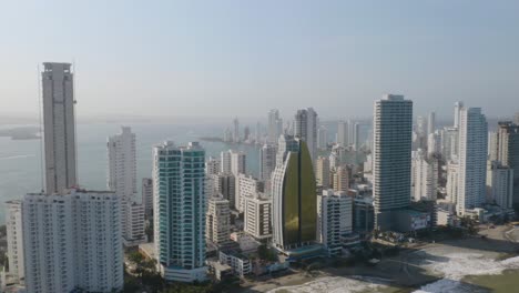 Aerial-Establishing-Shot-of-Skyscrapers-in-Cartagena's-Modern-Neighborhood