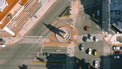 AERIAL---Cid-Campeador-monument,-intersection,-Buenos-Aires,-Argentina,-top-down