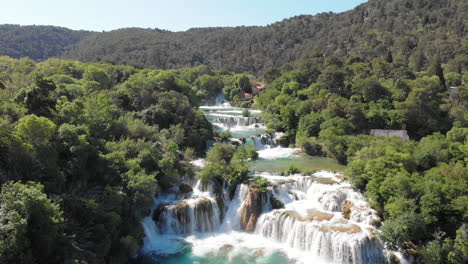 Aerial-of-the-famous-staircase-waterfalls-at-the-beautiful-Krka-National-Park,-Croatia
