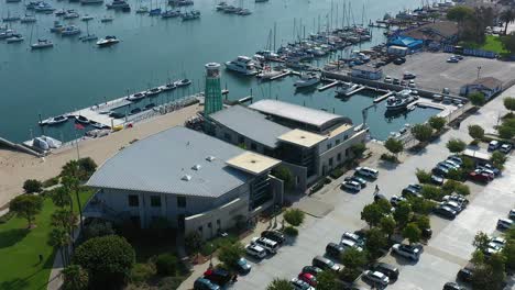 Aerial-view-of-Marina-Park-community-center-and-Newport-harbor,-in-Newport-Beach,-California