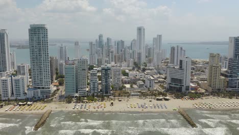 Aerial-Establishing-Shot-of-Cartagena's-Famous-Playa-Bocagrande-Beach