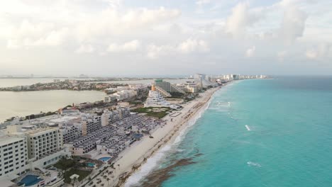 Mexico-Cancun-travel-destination,-luxury-hotels-on-seaside-beachfront,-aerial