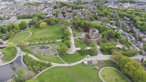 Aerial-view-of-Greenhead-Park-in-Huddersfield,-a-historic-English-town-in-Yorkshire