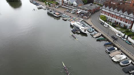 Henley-on-Thames-Oxfordshire-UK-Aerial-of-rowing-boats-training-