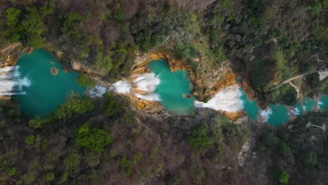Aerial:-top-down-of-El-Chiflon-Waterfall,-Chiapas-Mexico-jungle,-lowering-view