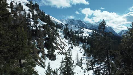 Drones-Panorámicos-Vuelan-A-Través-De-Los-árboles-En-El-Pintoresco-Schachen-Cerca-Del-Castillo-De-Baviera-Elmau-Lejos-De-Las-Cimas-Nevadas-De-Las-Montañas-Glaciares-En-Los-Alpes-En-Un-Día-Nublado-Y-Soleado-A-Lo-Largo-De-Rocas,-Bosques-Y-Colinas-En-La-Naturaleza