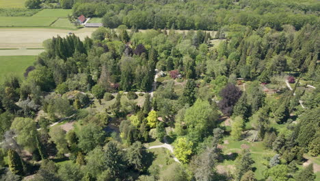 Aerial-overview-of-large,-beautiful-park-with-green-trees