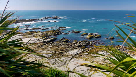 Schöne-Bunte-Küste-Von-Neuseeland-Mit-Blauem-Ozeanwasser,-Das-Gegen-Herausragende-Felsen-Prallt-Und-Im-Sommer-Grüne-Pflanzen-Am-Ufer-Wachsen
