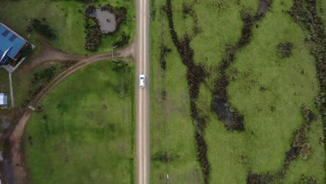 Top-down-drone-aerial-view-of-white-car-driving-down-straight-gravel-dirt-road-past-shack-houses-surrounded-by-green-grassy-plains-and-ponds