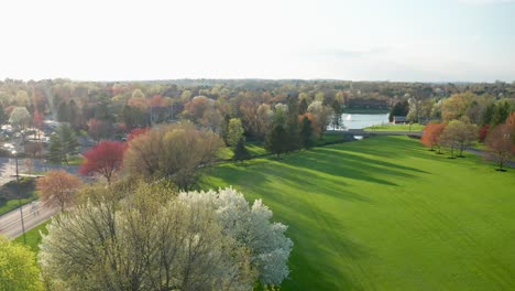 Aerial-reveals-green-grass-field-and-park
