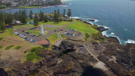 Headland-Of-Wollongong-City-On-Pacific-Coast-Of-Australia-With-White-Lighthouse---aerial-shot