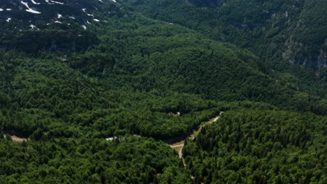 Schöne-Grüne-Berglandschaft-Des-Triglav-nationalparks-In-Slowenien---Luftbild