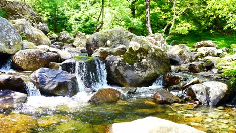 Fresh-clean-cascading-mini-waterfall-rock-pools-from-mountain-woodland-stream