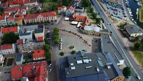 Aerial-View-Of-Houses-And-Road-In-The-Town-Of-Klaipeda-In-Lithuania---drone-shot