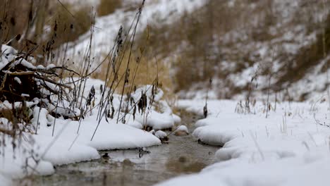 Fließender-Fluss-Im-Winter-Durch-Schnee-Und-Geschmolzenes-Eis
