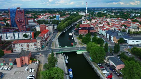 Aerial-View-Of-Klaipeda-City-Center-And-Port-In-Lithuania---drone-shot