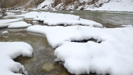 Fließender-Fluss-Im-Winter-Durch-Schnee-Und-Geschmolzenes-Eis